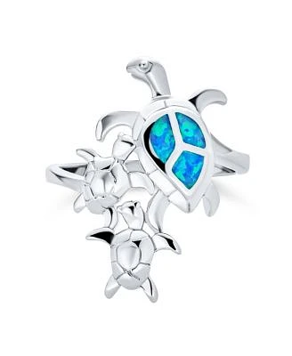 Bling Jewelry Nautical Tropical Beach Vacation Sea Mom Mother Children Tortoise Family Trio Iridescent Blue Created Opal Inlay Turtle Ring For Women .925 Sterling Silver