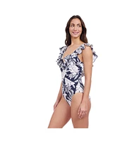 Profile by Gottex Women's Malaya Ruffle V Neck Deep Plunge One Piece