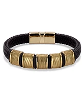 Rhona Sutton Vanguard Gold Black Leather Stainless Steel Bracelet