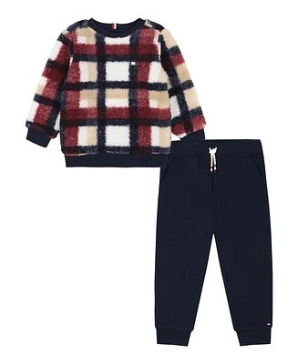 Tommy Hilfiger Baby Boy Plaid Sherpa Crewneck Fleece Joggers, 2-Piece Set