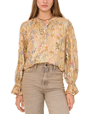 1.state Women's Printed Button-Front Long Sleeve Blouse