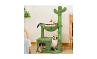 Slickblue Cactus Cat Tree – 40'' Cat Tower with Large Metal Carpet Hammock, Scratching Post, Condo, and Dangling Ball for Indoor Cats, Green