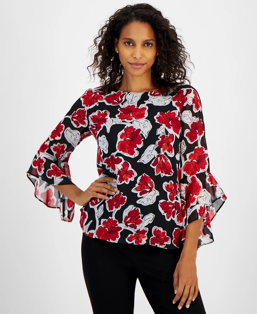 Kasper Women's Floral-Print Crewneck Ruffle-Sleeve Blouse