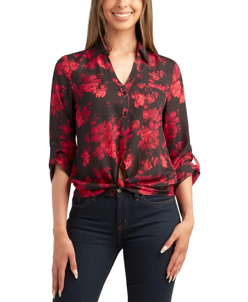 Bcx Juniors' Floral-Print Button-Down Roll-Tab Dobby Top