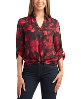 Bcx Juniors' Floral-Print Button-Down Roll-Tab Dobby Top