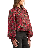 Bcx Juniors' Floral-Print Sheer Button-Down Bubble-Sleeve Top