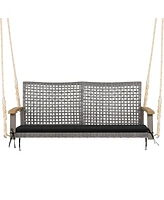 Costway 2-Person Patio Wicker Hanging Swing Chair Loveseat Cushion Porch Black