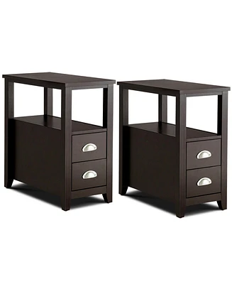 Gymax Set of 2 End Bedside Table Rectangular Nightstand W/ 2 Drawers & Shelf Espresso