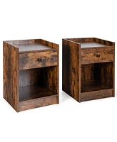 Gymax Set of 2 Nightstand with Drawer Cabinet End Side Table Raised Top Rustic Brown