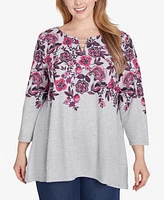 Ruby Rd. Plus Size Split Neck Floral Vine Placement Hatchi Knit Sharkbite Top