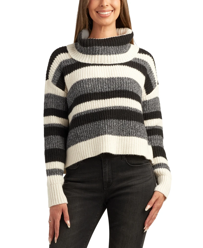 Bcx Juniors' Striped Ribbed Dropped-Shoulder Cowlneck Sweater