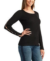 Bcx Juniors' Embellished-Sleeve Ribbed Crewneck Sweater