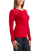 Bcx Juniors' Ribbed Lace-Up Long-Sleeve Crewneck Sweater