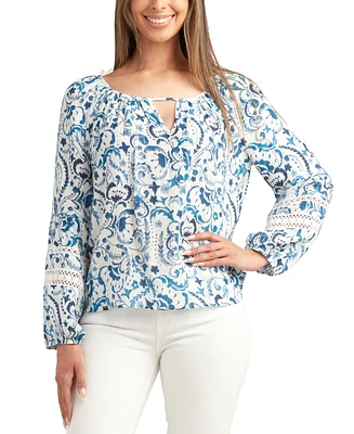 Bcx Juniors' Floral-Print Crinkled Woven Long-Sleeve Top