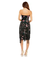 Mac Duggal Women's Strapless Floral Embroidered Midi Dress With Fringe Detailing