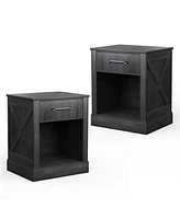 Gymax 2PCS Nightstand with Drawer and Shelf Rustic Wooden Bedside Table Bedroom Brown