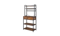 Slickblue 5-Tier Kitchen Bakers Rack – Rustic Brown, with 10 S-Shaped Hooks, 1 Drawer, and Industrial Microwave Oven Stand