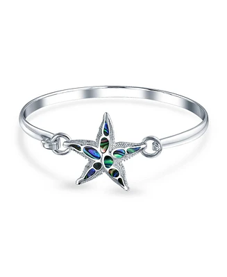 Bling Jewelry Nautical Vacation Honeymoon Marine Life Beach Iridescent Abalone Shell Inlaid Drop Starfish Bangle Bracelet For Women .925 Sterling Silv