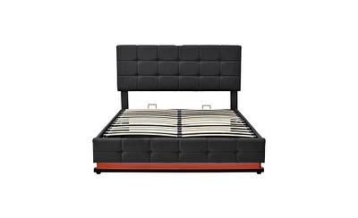 Slickblue Queen Size Tufted Upholstered Platform Bed with Hydraulic Storage, Led Lights, and Usb Charger