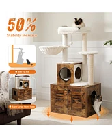 Slickblue Cat Tree with Litter Box Enclosure – 50'' Modern Cat Tree for Large Cats with Condo, Wooden Furniture, Large Hammock