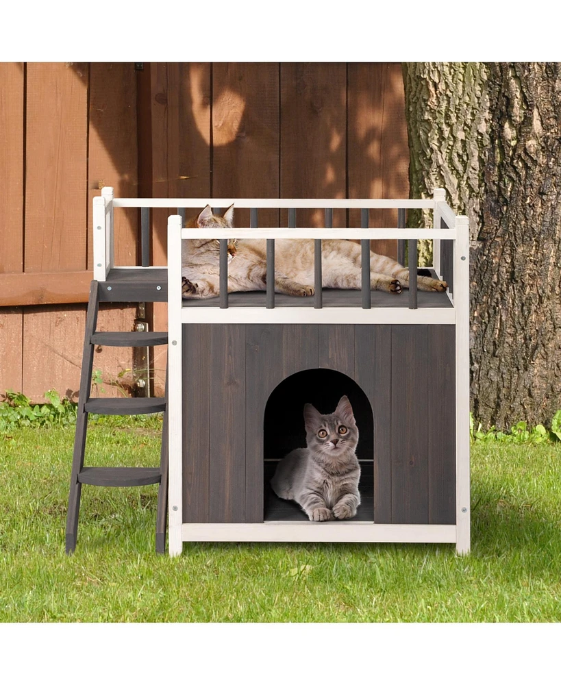 Slickblue 2-Story Wooden Feral Cat House – Dog House for Outdoor and Indoor Use, Pet House with Stairs, Grey & White