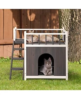 Slickblue 2-Story Wooden Feral Cat House – Dog House for Outdoor and Indoor Use, Pet House with Stairs, Grey & White