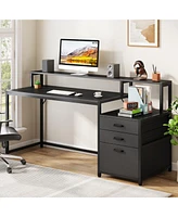 Tribesigns 63 Inch Computer Desk with File Drawer Cabinet, Ergonomic Office Monitor Stand, Table Printer Space, Wood Pc