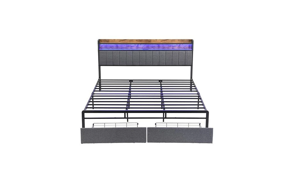 Slickblue King Size Platform Bed Frame with Storage Drawers and Led Headboard for Modern Bedrooms