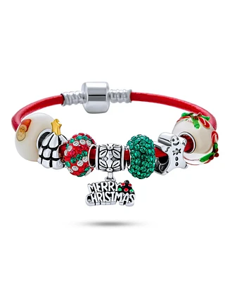 Bling Jewelry Merry Christmas Theme Holiday Santa Clause Gingerbread Man Beads Multi Charm Bracelet Red Leather For Women .925 Sterling Silver Europea