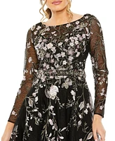 Mac Duggal Women's High Neck Long Sleeve Embroidered Dress