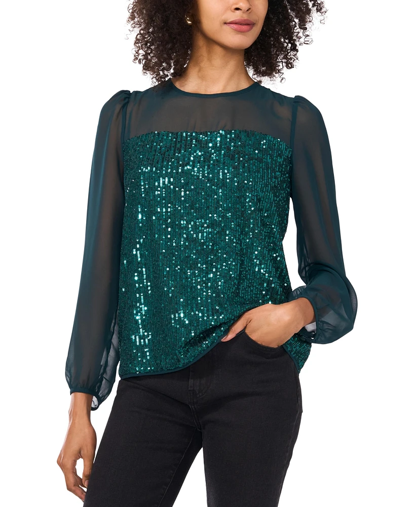 Vince Camuto Women's Sequin Crewneck Blouson Sleeve Top