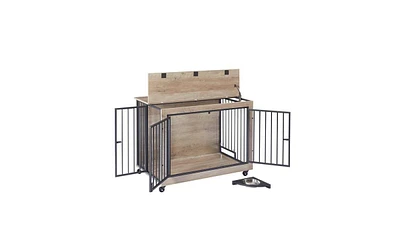 Slickblue Furniture Style Dog Crate Side Table with Rotatable Feeding Bowl – Stylish and Functional