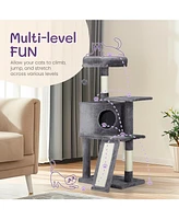 Slickblue Cat Tree Tower for Indoor Cats: Padded Platform Bed, Toy Ball, Cozy Condo, Scratch Board & Sisal Posts - Dark Grey