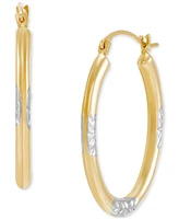 Polished & Textured Oval Two-Tone Small Hoop Earrings in 10k Gold, 1"