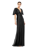 Mac Duggal Women's Ieena Flounce Sleeve V Neck Trumpet Gown