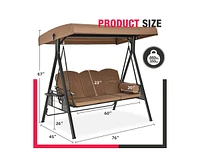 Pamapic 3-Person Brown Metal Patio Swing with Canopy and Cushions