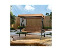 Pamapic 3-Person Brown Metal Patio Swing with Canopy and Cushions