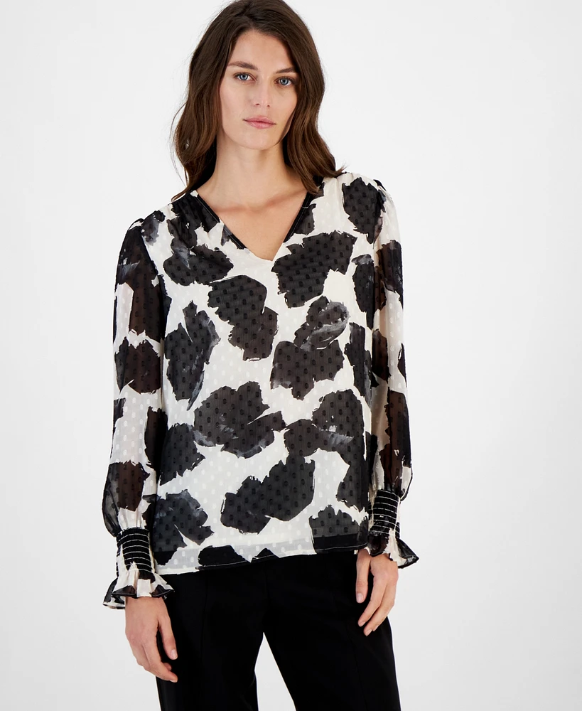 Anne Klein Women's Printed V-Neck Long-Sleeve Blouse