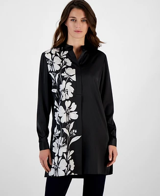 Anne Klein Women's Printed Split-Neck Long-Sleeve Tunic Shirt