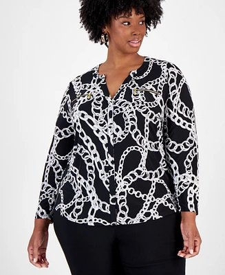 I.n.c. International Concepts Plus Printed Zip-Pocket Top, Created for Macy's