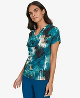 Calvin Klein Women's Printed Drape-Neck Short-Sleeve Top