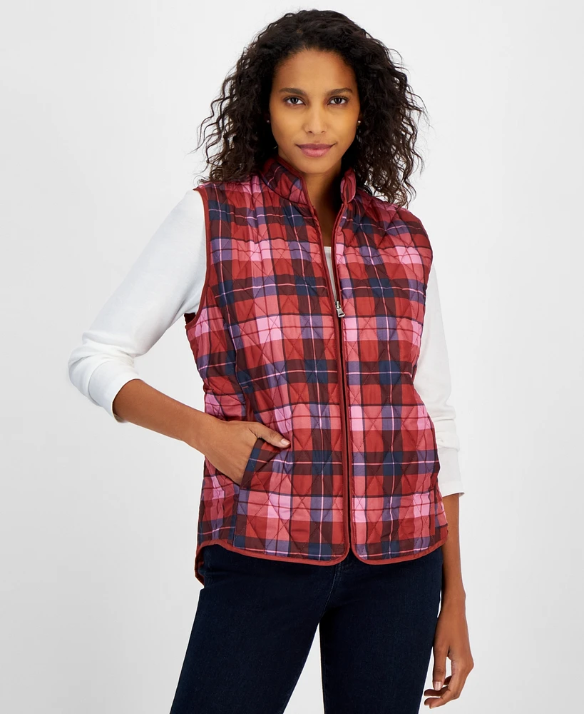 Style & Co Women's Quilted Plaid Zip-Front Vest, Created for Macy's