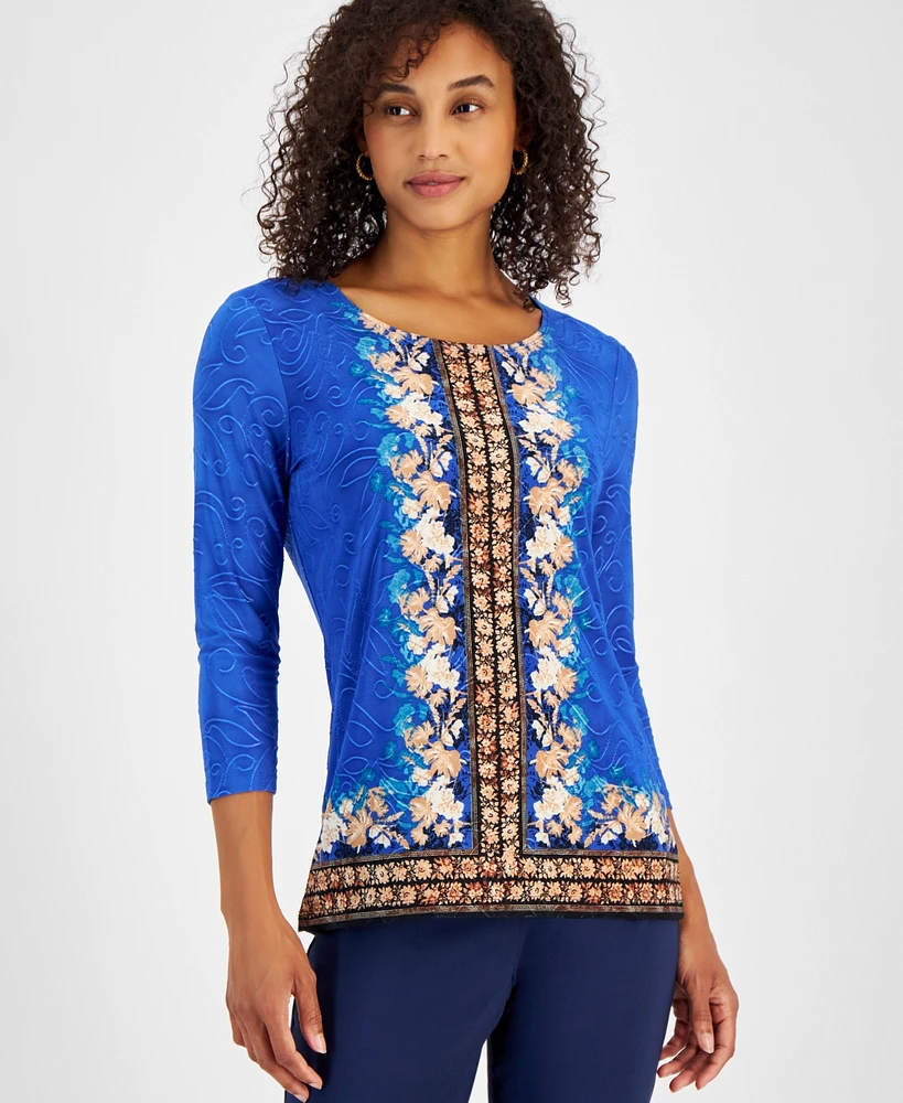 Jm Collection Women's Printed Jacquard 3/4-Sleeve Top, Created for Macy's
