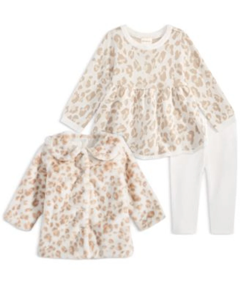 First Impressions Baby Girls Faux Fur Leopard Print Coat Shirt Leggings Set Exclusively At Macys