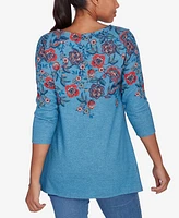 Ruby Rd. Petite Split Neck Floral Print Hatchi Knit Sharkbite Top with Bar Detail