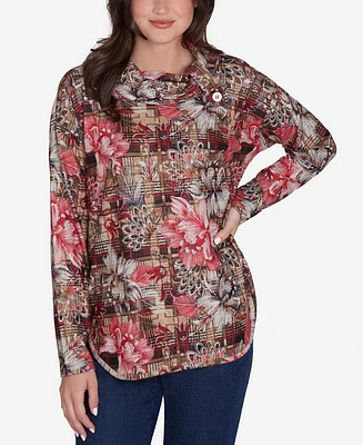 Ruby Rd. Petite Cowl Neck Floral Plaid Printed Hatchi Knit Top