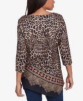 Ruby Rd. Petite Ballet Neck Animal Printed Hatchi Knit Top with Asymmetric Paisley Border Print Hem