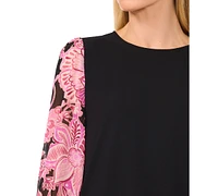 CeCe Women's Puff-Sleeve Mixed-Media Top