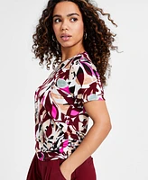 Bar Iii Petite Printed Short-Sleeve Side-Ruched Tee, Created for Macy's