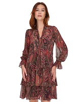 Tommy Hilfiger Women's Paisley Tie-Neck Tiered Dress